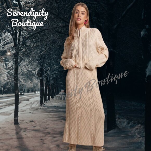 Snuggle Comfy High Neck Long Sleeve Zip Up Cardigan Maxi Skirt Sweater Set - Picture 7 of 12
